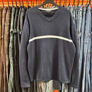 Vintage 90s Nautica Heavyweight Knit Sweater, Navy Blue Stripe, Size XL
